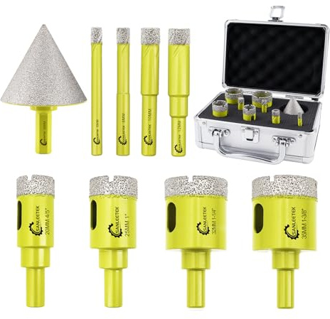 Foret Diamant Carrelage Kit 9Pièces (6/8/10/12/20/25/32/35mm+50mm Queue Hexagonale Mèches de Chanfrein) Scie Cloche avec Tige Ronde pour Céramique Porcelaine Marbre Granit Quartz SANLEETEK