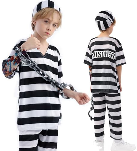 FORMIZON Halloween Zombiekostüm Sträfling für Kinder, Zombie Kinderkostüm für Jungen, Häftling Kostüm Kinder, Halloween Horror Kostüm Jungen mit Kunstblut für Partys, Karneval, Rollenspiele