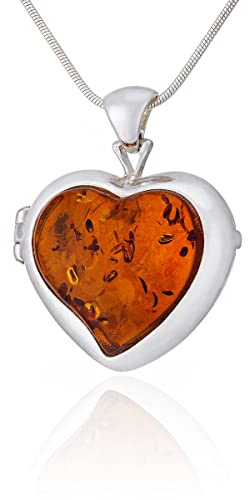 AMBEDORA Damenhalskette, Medaillon, Poliertes Sterling Silber, Bernsteinherz in Cognac Farbe, Silber Geheimanhänger mit Kette