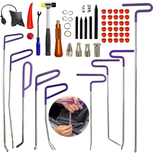 NIUVOCY 59pcs Paintless Dent Rods Repair Tools with Knock Down Pens,Red Soft Caps,Red Wedge and More,Suitable Removal Hail Damage,Dings and More for Car Body Dent Repair
