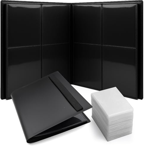 SOL 1pk Black Trading Card Binder with 100pk Extra Protector Leaves, TCG 4 Pocket Holder for 96 Cards, PVC-Free, 9.6cm x 7cm, Secure Album Folder for Collection, Display and Tournaments Accessories