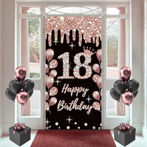 18 Geburtstag Dekorationen für Mädchen, Rosegold Hintergrund Tür Banner, 180 cm x 90 cm, Happy 18 Years Old Schild