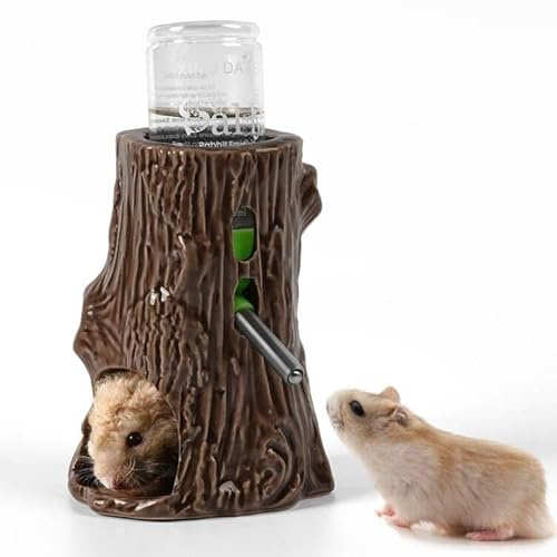 Kelivi Hamster Wasserflasche für Glastank passend für Goldhamster Ratten | Kaufestes Keramikventil,auslaufsichere Trinkflasche,2-in-1 verstellbarer Stand,dekorativer Baumstumpf für Kleintierglasbecken