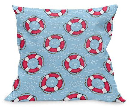 ABAKUHAUS Boje Kissenbezug, Muster mit den Rettungsringen, die in Ozean Schwimmen SOS Schutz Schwimmen, Kissenhülle mit Reißverschluss Beidseitiger Druck, 50 x 50 cm, Hellblau Weiß Rosa