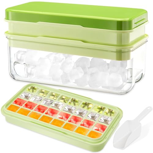 Ice Cube Tray with Lid and Bin - 2 Tier Ice Trays for Freezer, Making 64 pcs Ice Cubes, Ice Cube Molds with Ice Scoop, Easy Press to Release Ice, Trays Ice Cube Trays with Storage Bin for Whiskey