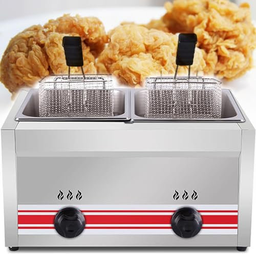 LSHFYV Friteuse à Gaz Professionnelle Gpl, Friteuse Commerciale en Acier Inoxydable avec Panier Et Couvercle, Réglage Manuel De La Température Facile à Nettoyer pour Famille,Doublecylinder10l+10l