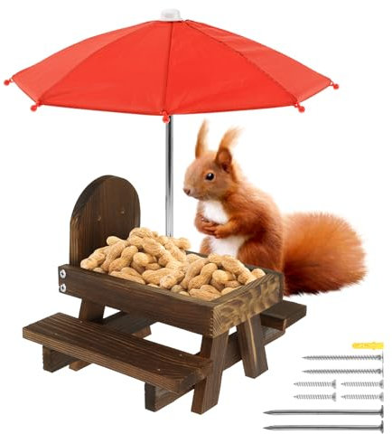 Squirrel Feeder for Outdoor, Funny Squirrel Feeding Table with Umbrella and Corn Cob Holder,Great Outdoor Wildlife Feeding Station Encouraging Squirrels to your Garden