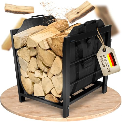 Eklavia Kaminholzregal mit Canvas-Tasche 50×40×55 cm – pulverbeschichtetes Brennholzregal/Holzlager – saubere und ordentliche Holzaufbewahrung – für innen & außen