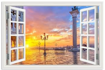 RXNHGJDS Fensterblick Bilder auf Leinwand,Platz unter gelbem Sonnenuntergang,Leinwandbild Sonnenuntergang Wandbilder Fensterblick Offenes Fenster Ansicht Bild60x40cm(24x16in) Rahmenlos