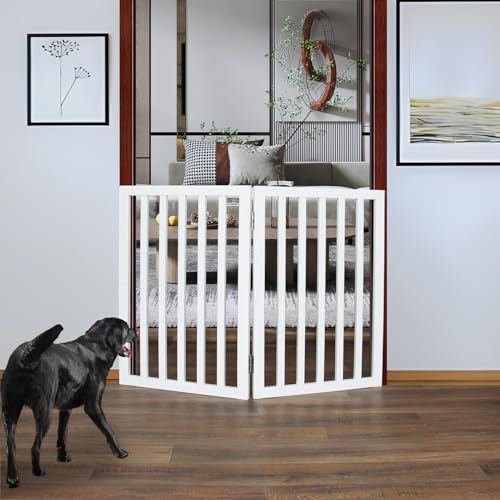 ZJSF Freestanding Indoor Dog Gate for House Foldable Wood White Puppy Gate for Doorways Pet Gate for Stairs Extra Wide Pet Fence 32 Height 2 Panels