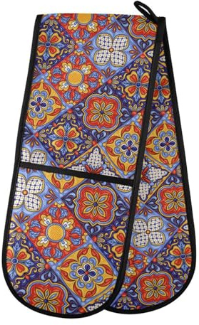 Double Oven Gloves Heat Resistant Mexican Talavera Double Oven Mitts Pot Holder Heat Protection Oven Gloves for Home Kitchen Baking Cooking BBQ Microwave