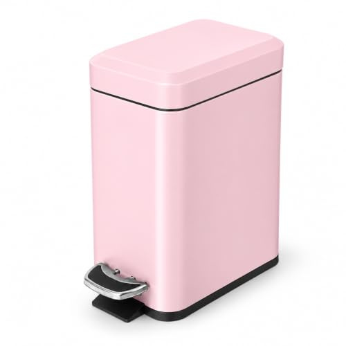 Home Zone Living Poubelle de salle de bain de 5 litres avec couvercle, corbeille à papier en acier inoxydable avec forme fine et pédale pour la maison et le bureau, capacité de 5 litres, rose