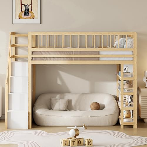 NNJN Hochbett 90 x 200, Hochzaun-Sicherheitsdesign mit Kleiderschrank, Regalen und Stauraum mit Sicherheitskletterleiter, Multifunktionsbett, Massivholzbett,Holzfarbe