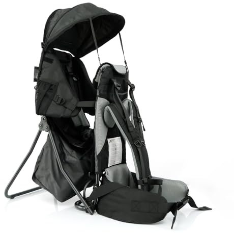 Lil' Boss Kinder Rückentrage Wandern, FASports Kindertrage 20kg bis 25kg, ergonomische Kindertrage Rucksack mit Regen- und Sonnendach, Kinderkraxe Kleinkind Grau/Schwarz, 50 x 38 x 90 cm