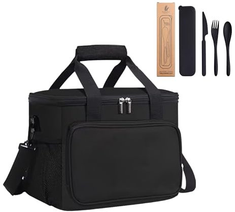 XJNOVA Bolsa Termica Porta Alimentos 10L con Set de Cubiertos y Dos Asas de Mano (Negro Oxford)