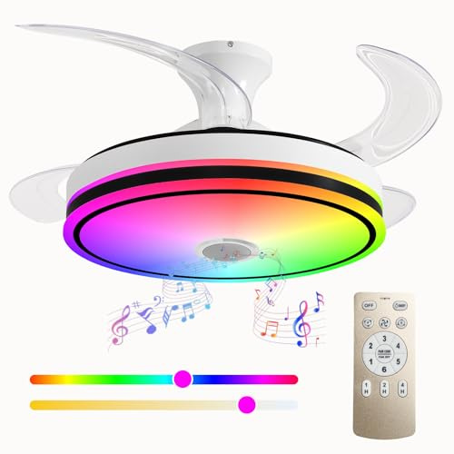 HENTAG 42'' Retractable Ceiling Fan with Lights, Smart Ceiling Fan Light with Bluetooth Speaker, App Control for Dimming & RGB Color Change Reversible Bedroom Living Room