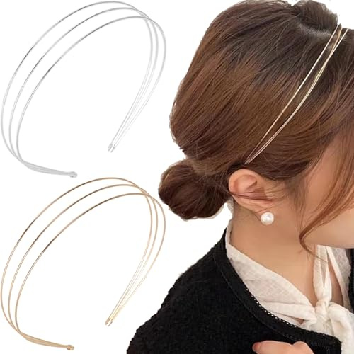 Votvlog 2 Pezzi Fascia da Donna in Metallo Multistrato, Forcine Sottili per Capelli, Sottile Argento Elegante Fascia Antiscivolo Multistrato, Fai da Te, Vintage Accessorio per Capelli (Oro, Argento)