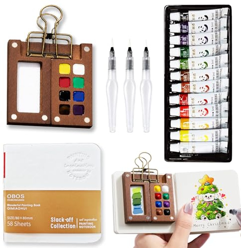 MUZMDNI Mini Watercolor Paint Set Portable, Travel Grid Paint Palette Box with Binder Clips Include Paint, Brush*3 and Picture Album Art Materials Coloring Markers for Travel, Creative Drawing Kit for Beginners and Art Enthusiasts(Brown Wood-S)