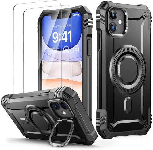 Lanhiem Cover per iPhone 11 / iPhone XR, per Magsafe con Supporto, Nero | Protezione Completa del Corpo a 360°con 2 Vetro Temperato, Militare 14FT Antiurto Resistente, Custodia per iPhone 11 / XR