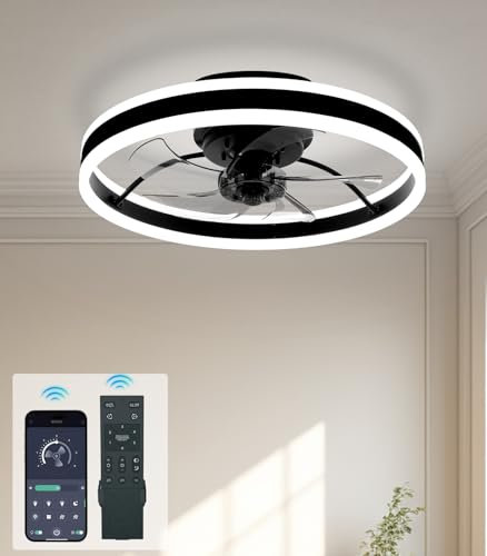 Smart Ceiling Fans with Lights Flush Mount Reversible 6-Speed LED Ceiling Fan Light Compatible with Remote/App, Timer, Low Profile LED Dimmable Bedroom Living Room Ceiling Lamp Fan, 19.7 Black