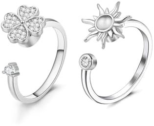 TPZORJX 2 Stück Silber Anxiety Ring für Damen und Männer - Verstellbarer Spinner Achtsamkeitsring mit Mondstein - Anti-Stress Fidget Ring