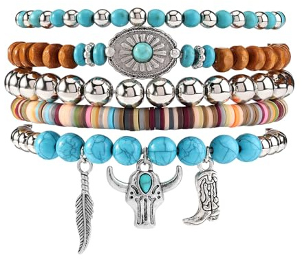 MILAKOO 5 Stück Heishi Stretch Armband Western Cowboy Schmuck böhmischen Türkis Stein Perlen Armbänder für Frauen