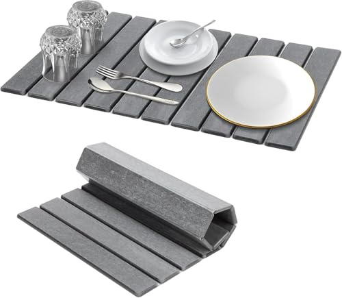 GIOTUK Stone Drying Mat for Kitchen Counter – 23x15.3 Foldable Diatomaceous Earth Dish Mat with Non-Slip Pad, Super Absorbent Quick Dry Mat for Dishes, Bathroom, Bottles & Cups (Dark Gray, One Size)