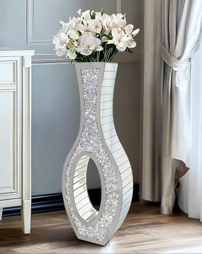 Bodenvase Groß 76 cm Hoch: Silberne Vase Kristall für Pampasgras, Glas verspiegelte Diamanten Blumenvase, Hohle Form, Dekorative Luxus Glitzer vasen für Wohnzimmer Home Decor– Kein Wasserhalt
