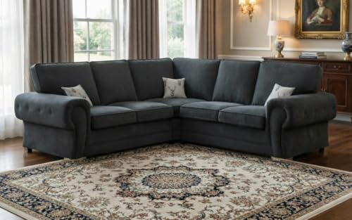 Verona Chesterfield Sofas - Suede Fabric Corner Sofa Suite - Modern 2C2 Settee Set - Dual Arm Full Back Couch - Kingston 5 Seater Couches for Living Room & Lounge (Black)