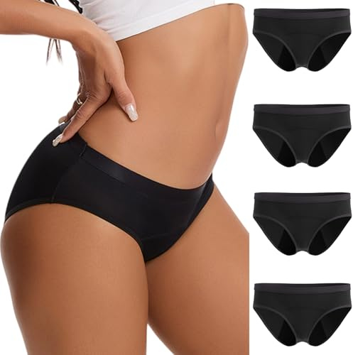 JiaYouLC 4 Pack Washable Period Pants for Girls Teens Women Incontinence Leakproof Menstrual Knickers Postpartum Underwear (UK, Alpha, XS, Regular, Regular, 4 Black)