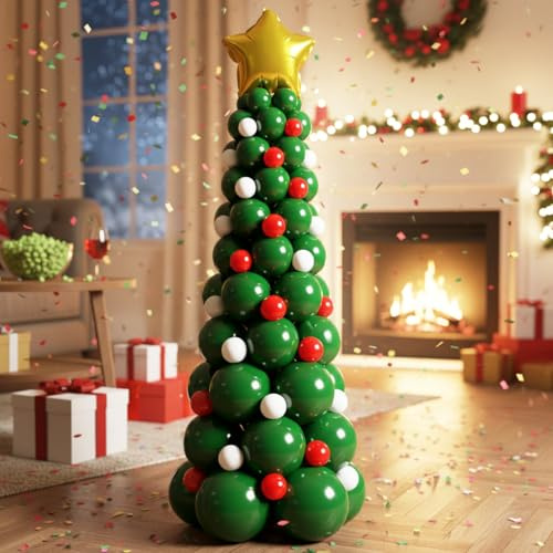 PartyXpress Kit di 139 ghirlande ad arco per albero di Natale, con palloncini a stella verde scuro, rosso, bianco, oro, per forniture di compleanno, decorazioni per feste di Natale, ghirlanda di