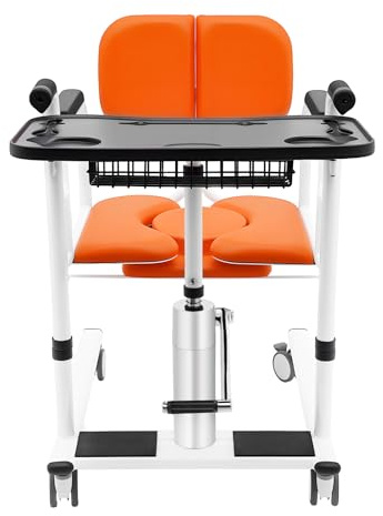ROMYIX Hydraulic Patient Lift Transfer, Patient Elderly Lift Wheelchair Body Lift Bedside Commode with 180° Split Seat,4 Lockable Wheels,Adjustable Lifting Height 41-65cm, Load Capacity 150kg (Orange)