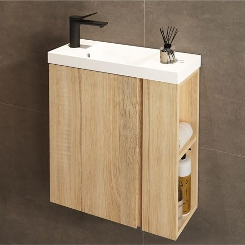 JINDOLI Waschbecken mit Unterschrank 55 cm - Badmöbel Set mit 2 Tier seitliche Ablagen außen & Haken, Vormontiert Waschbeckenunterschrank Klein für Bäder, Gäste WC (Sonoma Eiche)