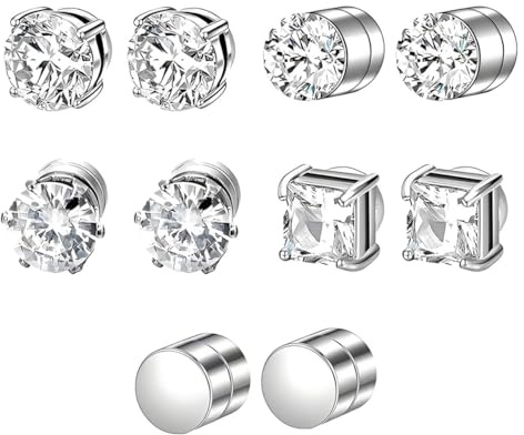 5 Paare Edelstahl Magnetische Ohrringe Fake,Magnetischer Ohrstecker Herren Damen Magnet Silber Ohrringe Non-piercing Ohrstecker 6mm