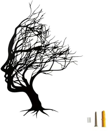 SiumPklay Abstract Tree of Life Face Metal Wall Art, 40x28cm Black 3D Woman Silhouette Wall Hanging Sculpture for Living Room, Bedroom, Office Decor Tree of Life Women
