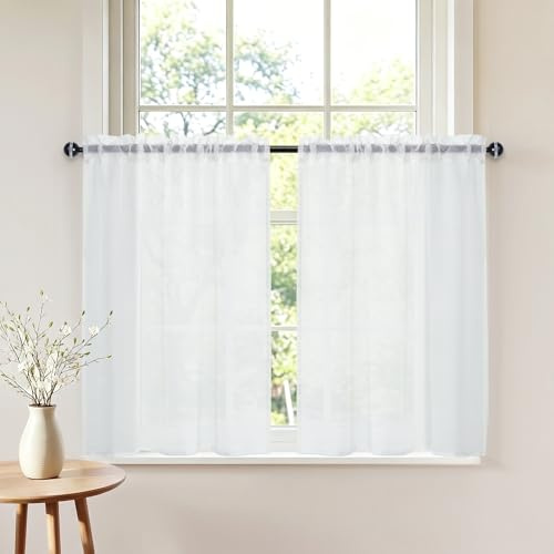 DWCN Weiß Fenstervorhang Küchenvorhänge Scheibengardinen 2 Stücke B90xH90cm | Kurz Modern Schrank Schienensystem Blickdicht Halbtransparent Dekoration für Bistrogardine Kinderzimmer Wohnzimmer