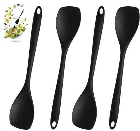 4 Stück Rühr Kochlöffel Schwarz, 27.5 cm Langen Griff Kochlöffel, Kochlöffel Silikon Rührlöffel, Antihaft Löffel, Hitzebeständig bis 210°C Ergonomischer Griff für Antihaftkochgeschirr, Backen, Rühren