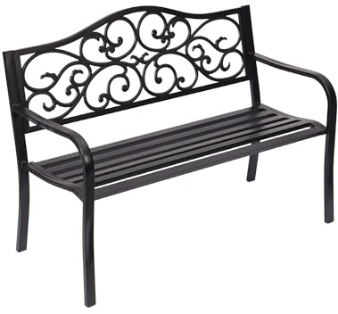 Roomark Gartenbank Metall wetterfest, 2-3 Sitzer Parkbank aus Gusseisen bis 240kg belastbar, Sitzbank mit Rückenlehne & Blumenmuster für Garten, Balkon & Terrasse, 128cm Breit, Schwarz