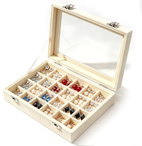 Aoyfuwell Ringarrangör, smyckeslåda, beige sammet, 24 fack, ringbricka med transparent glaslock, praktisk förvaring, lämplig för hemmabruk