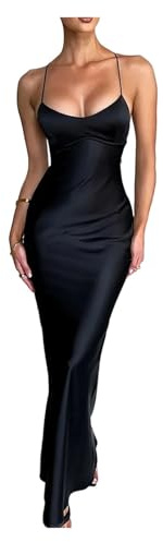 USOHJZ Sexig satinklänning för kvinnor, rygglös, snörning, bodycon, elegant, siden, fest, Svart, L
