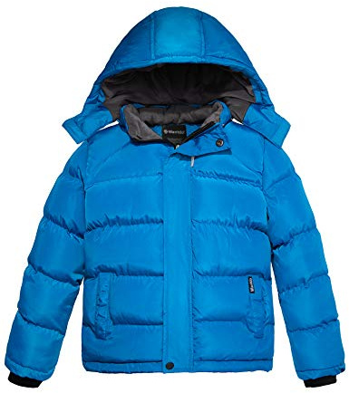 Wantdo Varm fleecejacka för pojkar förtjockad bomullsstoppning klassisk vindtät quiltad parkas kappa utomhus huvjacka, BLÅ, 140/146 cm