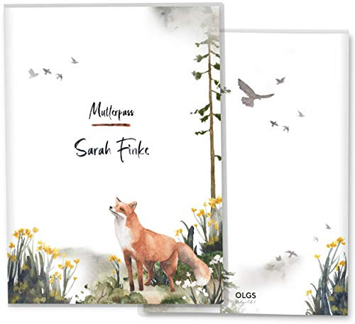 OLGS Mutterpasshülle 3-teilig personalisiert Fuchs auf der Wiese | Baby Schwangerschaft Geschenkidee Schutzhülle für den Mutterpass | Für werdende Mütter Mutterpass personalisiert, Fuchs Nebel