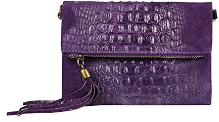 OBC Made in Italy Damen echt Leder Clutch Tasche Kroko Wildleder Handtasche Umhängetasche Ledertasche Schultertasche Fransen Cross-Over (Lila)