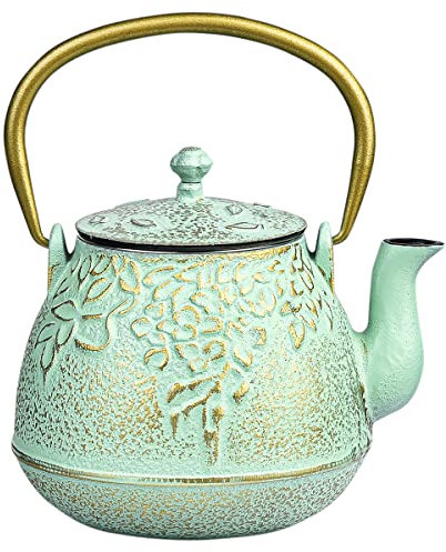 Sungmor Théière en fonte japonaise avec infuseur pour thé en vrac - Passe sur la cuisinière - Revêtement intérieur émaillé - 950 ml - Vert clair avec motif feuille de salix