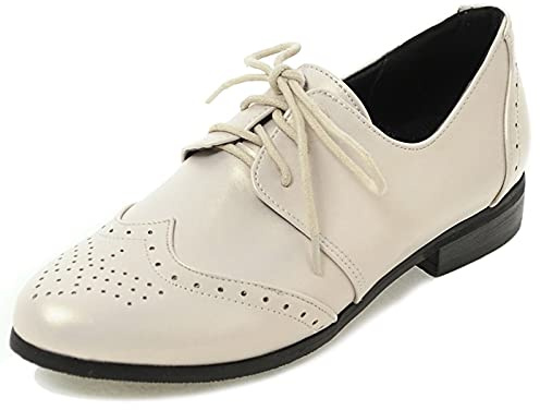 Bviennic Mujer Closed Toe Clásica Trabajo Cordones Brogue Comfy Tacón Bajo Pump Oxford Oficina Formal Hombre Derby Zapatos Beige Talla 38 Eu-39Cn