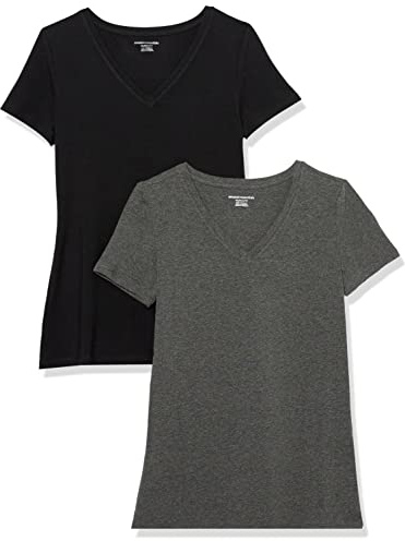 Amazon Essentials Women's Kortärmad V-ringad T-shirt klassisk passform, Pack of 2, Kolsvart ljung/Svart, L