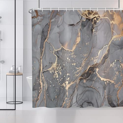 ASDCXZ Duschvorhang Grau Gold Marmor 180x180 cm, Modern Abstrakt Grau Gold Schwarz Marmor Optik Textur Waschbar Bad Duschvorhänge Polyester Textil Wasserdicht Duschvorhang für Badewanne mit 12 Hake