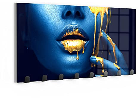DEQORI Wandgarderobe Glas & Metall | Motiv Flüssiges Gold auf Haut | 60x30 cm | Design Haken-Leiste modern | Garderoben-Paneel für Flur, Wohnzimmer & Schlafzimmer | magnetisch & beschreibbar