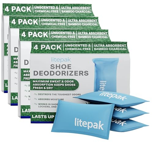 Litepak Desodorante de zapatos y eliminador de olores de carbón activado para zapatos y bolsas de gimnasio, ambientador de bambú natural para botas, armario o coche (paquete de 16)