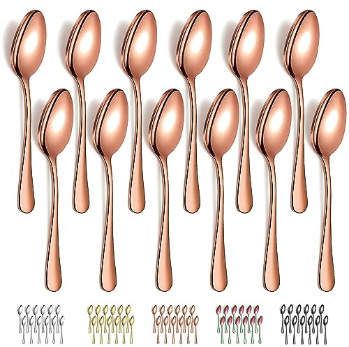 Evanda Rose Gold Dinner Spoons 12 Pieces, Rose Gold Titanium Plating Stainless Steel 7.28inch Spoons, Dessert Spoons, Table Spoon, Soup Spoons, Easy To Clean, Dishwasher Safe